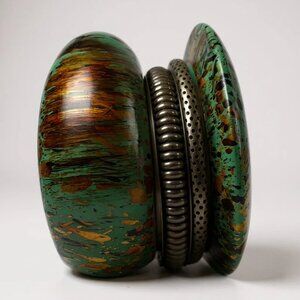 Vintage Green Patina look with Burnishe Gold Stacked 5 Bangle Bracelets